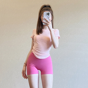 健身短袖 女t恤跑步运动芭比粉色瑜伽服上衣套装 夏 遮肉训练罩衫