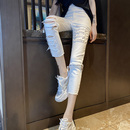 女春季 小脚七分裤 白色破洞牛仔裤 薄款 2024新款 小个子高腰显瘦修身