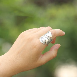 法国Gentle MottoS纯银戒指女 时尚 泰银手工树叶宽面开口食指时尚