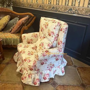 法式 摄影拍照打卡景点单人沙发中古碎花裙摆高靠背老虎椅 田园风格