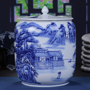 景德镇陶瓷手绘青花山水茶叶罐储物罐米缸茶饼罐家用普洱茶缸