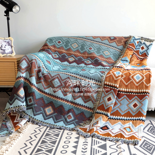 土耳其民族棉麻风编织流苏线毯沙发罩巾多用盖布床尾装 饰盖毯桌布