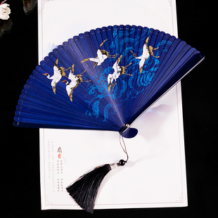 中国风全竹扇子雕刻镂空日式 古风男女士折扇仙鹤古典汉服小巧舞蹈