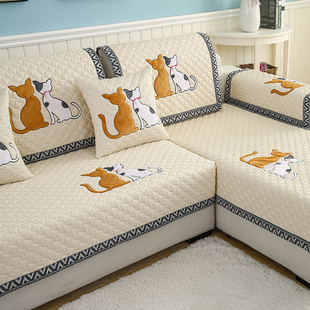 防滑沙发垫布艺四季 通用坐垫简约现代卡通猫皮沙发巾罩套盖布座垫