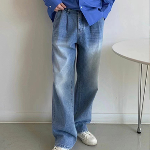 韩国男装 东大门代购 牛仔裤 双掐褶小众设计感直筒宽松磨白猫须长裤