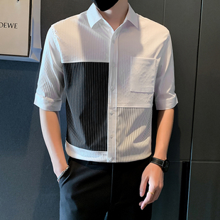 夏季 高级感短袖 黑白条纹拼接设计感衬衫 中袖 新款 时尚 衬衣 痞帅男士