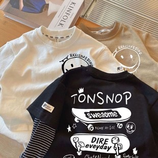 韩版 儿童长袖 宝宝潮酷春秋上衣 笑脸滑板车假两件T恤中小童打底衫