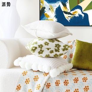 绿色可爱花朵ins风抱枕套靠垫沙发客厅靠枕床上靠背垫现代天鹅绒