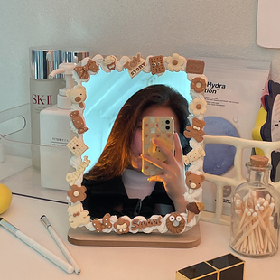 奶油胶diy镜子化妆镜学生宿舍桌面便携折叠梳妆镜ins风家用小型
