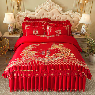 全棉床裙式 大红色婚庆四件套纯棉喜庆1.8m床罩结婚被罩加厚床盖款