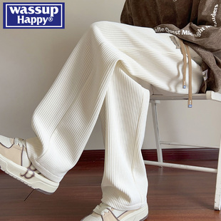 夏季 潮牌阔腿卫裤 WASSUP冰丝休闲裤 子男士 美式 复古长裤 子宽松大码