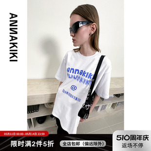 ANNAKIKI T恤 T恤女夏 设计师小众设计 LOGO印花T恤宽松上衣女短袖
