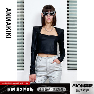 24夏装 修身 ANNAKIKI T恤 小众设计师款 黑色方领长袖 上衣 T恤短款