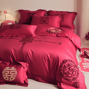 婚庆纯棉四件套毛巾绣中式 大红色床单高档喜被套结婚房嫁床上用品
