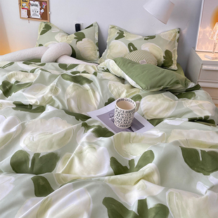 简约油画风郁金香ins床上四件套1.5m米绿色被套罩宿舍床单三件套4