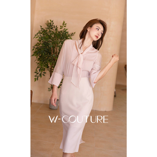 Wcouture原创 一轮玫瑰 收腰连衣长裙 真丝拼接系带V领衬衫 式