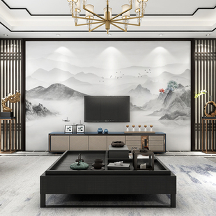 5d新中式 电视背景墙壁纸家用客厅山水画墙纸壁布影视墙布水墨壁画