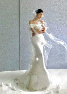 新款 样片道具 复古手工花朵韩国纱通透头纱新娘主婚纱森系结婚个性