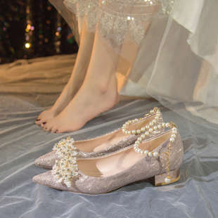 法式 水晶婚鞋 2024秀禾主婚纱两穿新娘鞋 日常配裙子气质高跟伴娘鞋