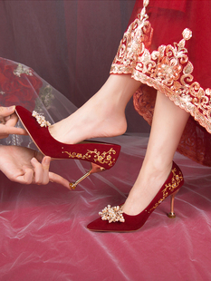 女新娘鞋 婚鞋 禾秀婚纱两穿红色高跟鞋 不累脚结婚鞋 小众高级感 中式