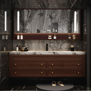 美式 洗手脸盆 轻奢浴室柜橡木实木洗漱台现代岩板智能镜卫浴柜法式