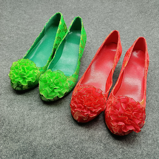 红色绿色结婚鞋 公主性感女鞋 新款 花朵新娘鞋 低跟舒适上轿鞋 伴娘鞋