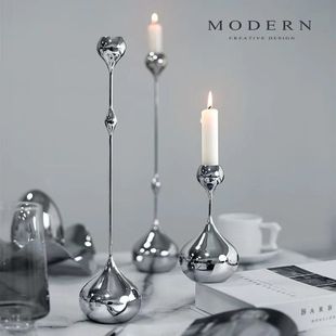 水滴银色烛台摆件轻奢现代创意电镀金属装 饰客厅餐厅北欧饰品摆件