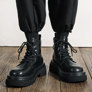 厚底马丁靴男士 高级感黑色秋冬新款 靴英伦风休闲中帮短靴 工装