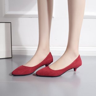 小众低跟尖头单鞋 法式 职业舒适鞋 女绒面红色新娘鞋 裸色简约仙女鞋