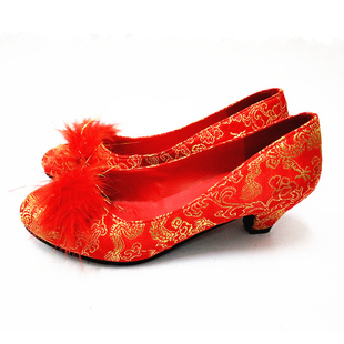 红色婚鞋 3cm毛球新娘鞋 粗跟孕妇 蓝色结婚鞋 上轿鞋