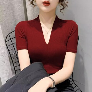 新款 2024夏季 打底衫 v领针织短袖 设计感显瘦红色气质上衣 t恤女薄款