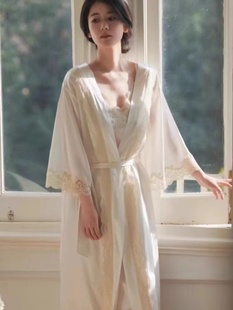 法式 结婚晨袍新娘蕾丝睡裙春秋高级感睡袍夏冰丝绸吊带裙性感睡衣