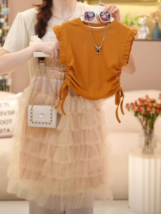 110 公主裙 170女童夏日蛋糕裙子韩系抽绳背心T恤蓬蓬裙时髦套装