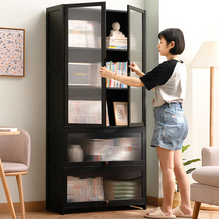 宜家书柜现代简约带门防尘格子柜实木书架窄柜置物落地储物柜组合
