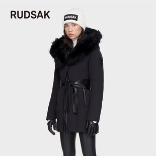 RUDSAK MODA加拿大羽绒服派克大衣女冬中长款 收腰可拆卸毛领 时尚