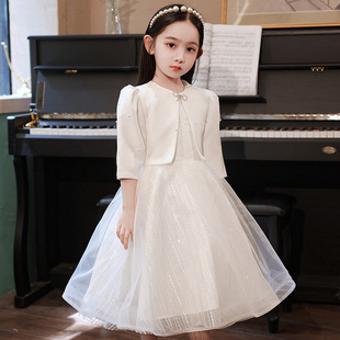 花童婚礼小女孩礼服春秋白色长袖 女童公主裙高端儿童钢琴演奏演出