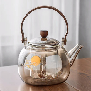 日式 蒸煮双用玻璃提梁壶加厚茶水分离泡茶壶蒸煮茶器高硼硅玻璃壶