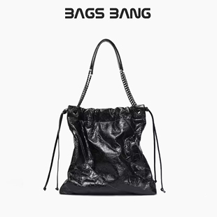BagsBang 垃圾包真皮爆裂纹设计黑色大容量女士单肩包 海浪系列