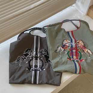 5月新款 小众日系购物袋环保袋马对马刺绣尼龙手提包单肩包包