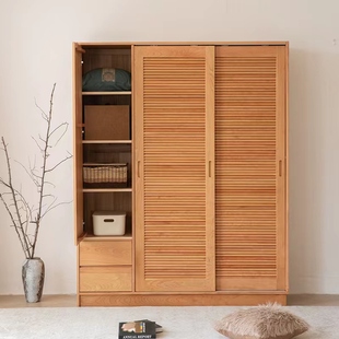 北欧日式 实木樱桃木衣柜推拉门储物柜卧室家用整体百叶门原木定制