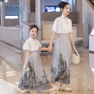 马面裙褶母女姐妹装 亲子装 古装 夏款 汉服儿童中国风连衣裙 女童套装