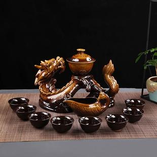自动茶具套装 家用陶瓷创意懒人旋转泡茶器窑变复古功夫茶杯一整套