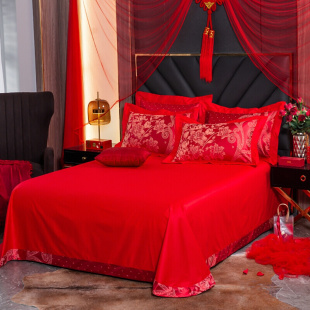 结婚四件套大红色婚嫁全棉贡缎被套床单床上用品被子喜被婚庆床品