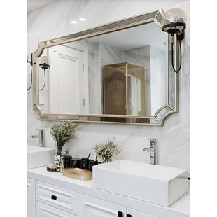 浴室镜子定制欧式 防雾镜LED灯卫生间镜子 复古化妆镜洗手间挂墙式