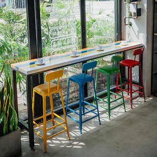 北欧彩色实木吧台桌靠墙家用桌椅咖啡厅奶茶店长条吧台高脚桌简约