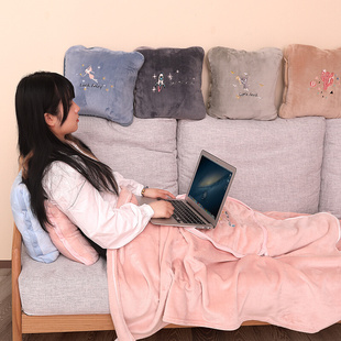 新品 法兰绒盖毯可加 办公室午睡毯二合一便携抱枕靠垫夏季