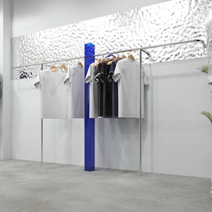 男装 店服装 衣服货架挂衣架蓝色亚克力拉丝不锈钢 展示架上墙落地式