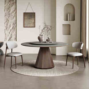 北欧实木餐桌圆桌带转盘现代简约小户型中古侘寂风实木岩板餐桌椅
