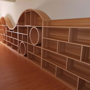 简约落地木质收纳架 幼儿园异型儿童书柜 图书馆靠墙S型圆洞书柜