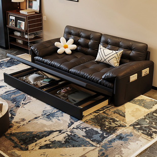 意式 极简真皮沙发组合头层牛皮复古小户型客厅家用储物折叠沙发床